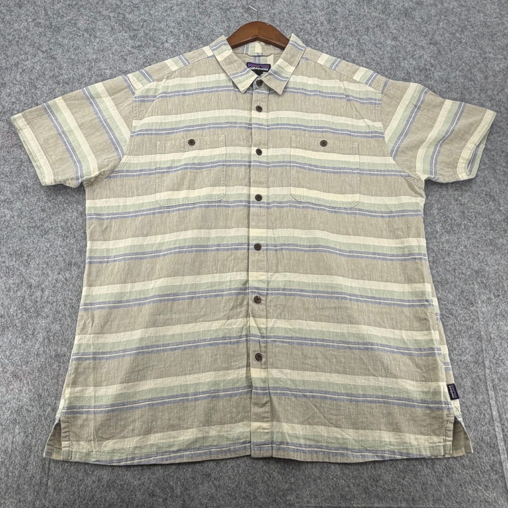 Patagonia Mens XXL Short Sleeve Striped Button Down Linen Cotton Shirt Tan Green